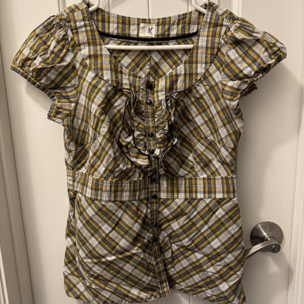 Esme & Esyllte Anthropologie Flutter-Sleeve Button-Down Ruffle Blouse 8